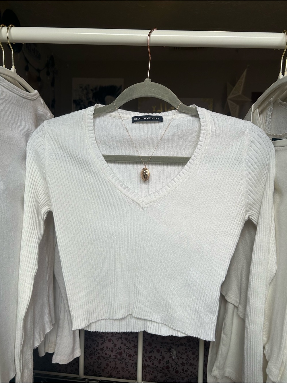 Brandy Melville Cream Ribbed V-Neck Crop Top